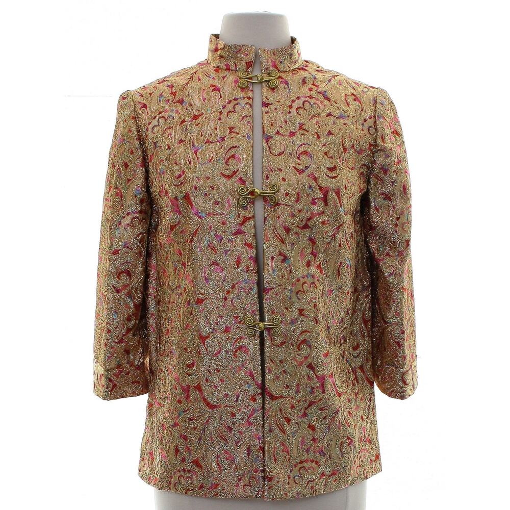 Vintage 90s Women's Medium Metallic Tunic Jacket Asian Inspired Hook Closure
